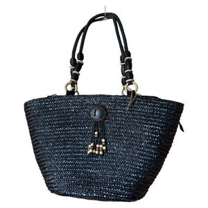 Sun N Sand Black Large Woven Straw Tote‎ Bag Zip Wood Beads Boho Beach Vacation